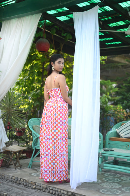 Ikat printed high slit maxi dress