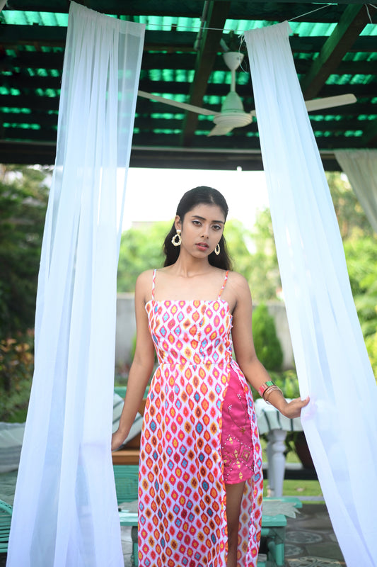 Ikat printed high slit maxi dress