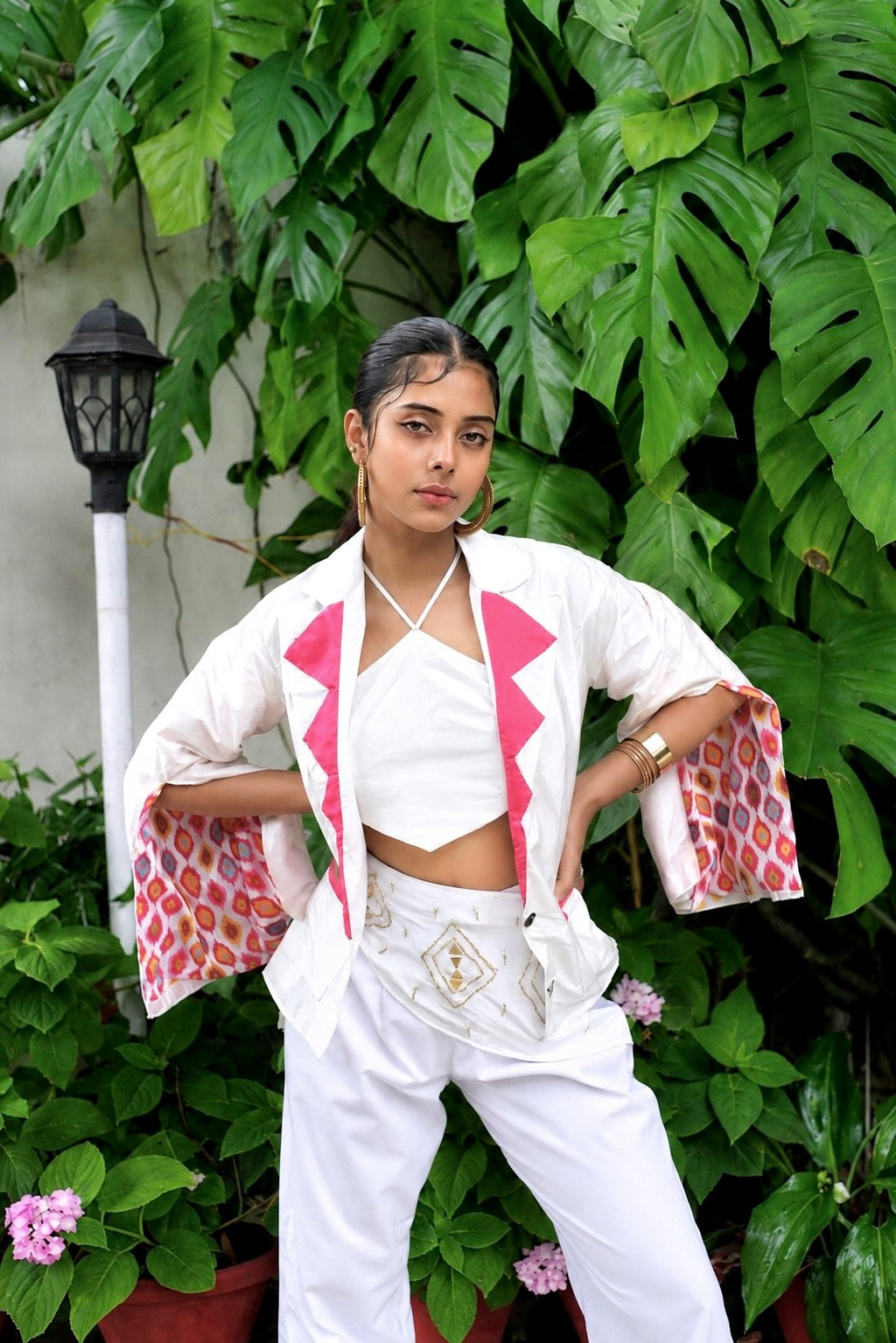 Geometric Panelled Jacket & Embroidered Drape Pant Co-ord Set